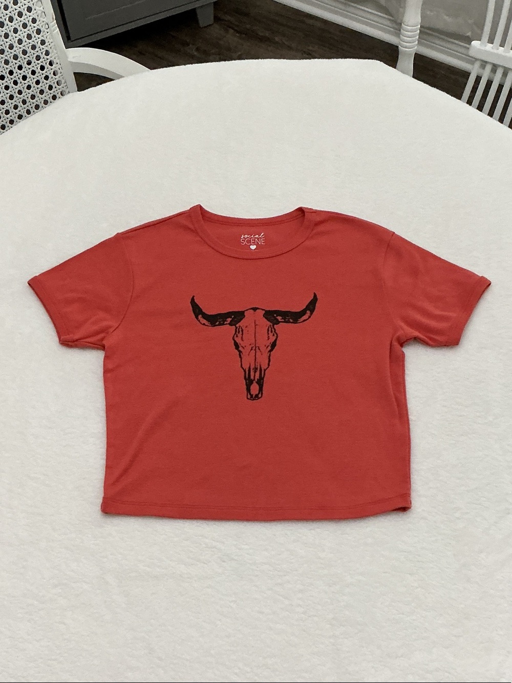 Orange Graphic Crop Tee with Black Skull Motif